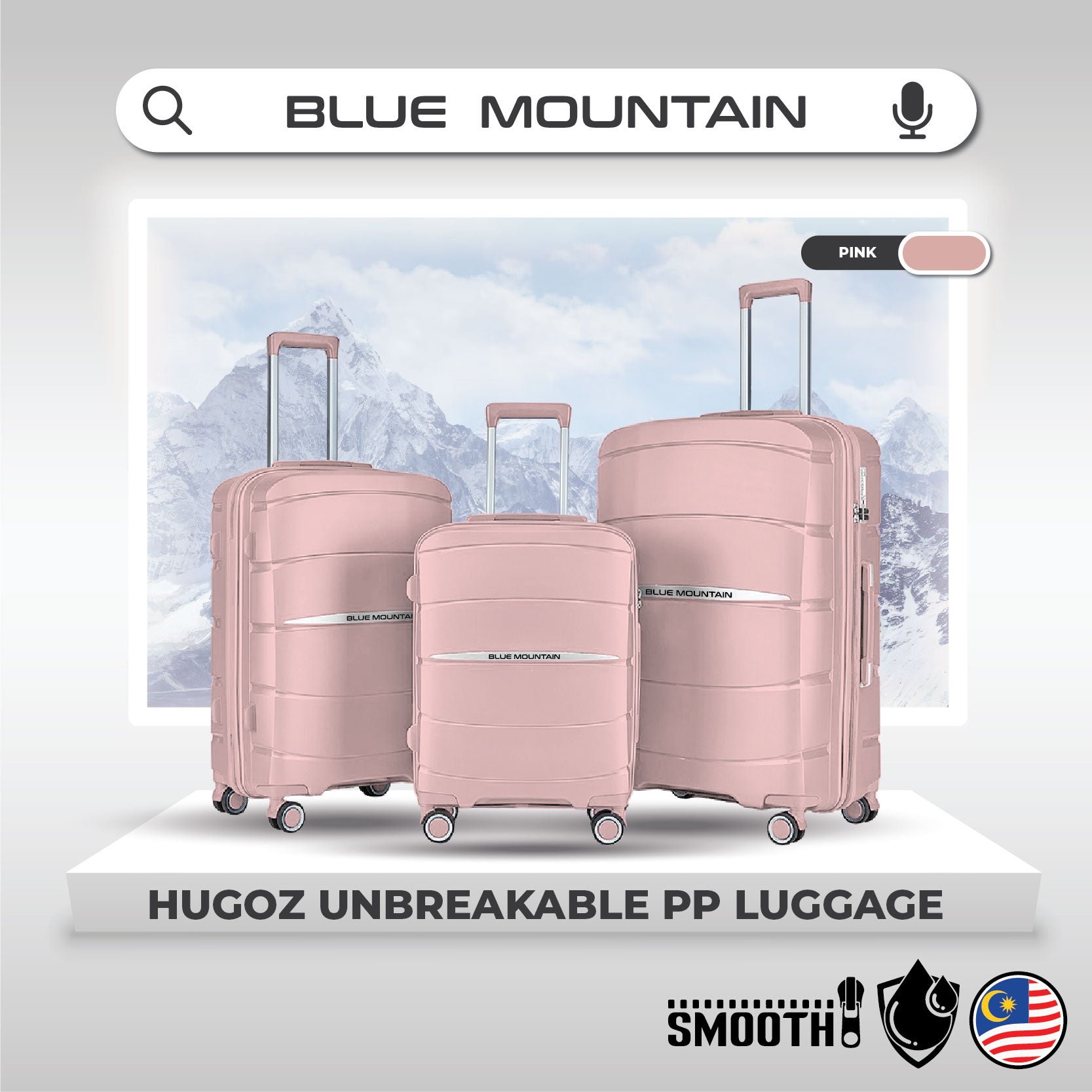 Blue Mountain 20"/24"/28" Hugoz UNBREAKABLE PP Expandable Hard Case Hand Trolley Luggage Bag Suitcases with Lock
