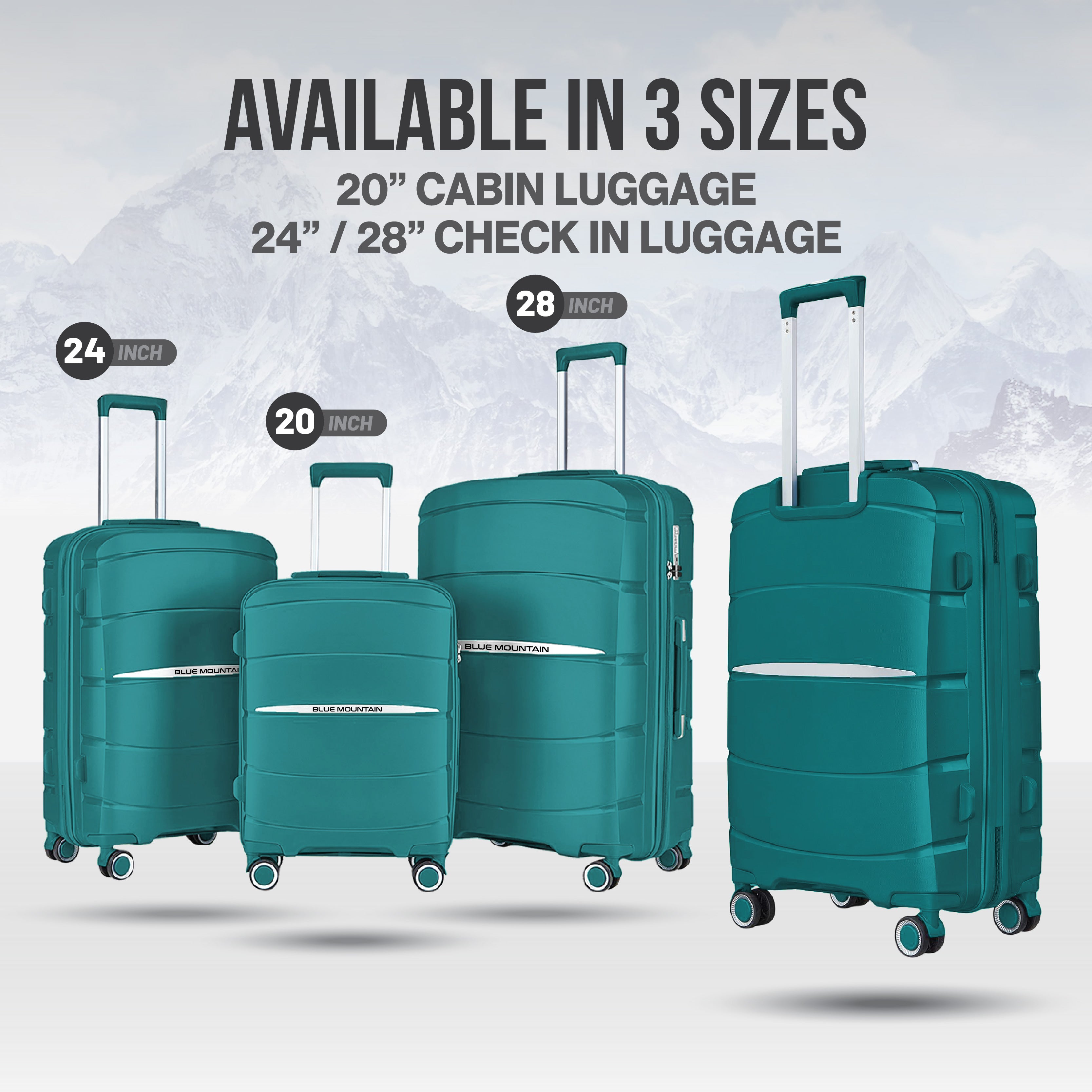 Blue Mountain 20"/24"/28" Hugoz UNBREAKABLE PP Expandable Hard Case Hand Trolley Luggage Bag Suitcases with Lock