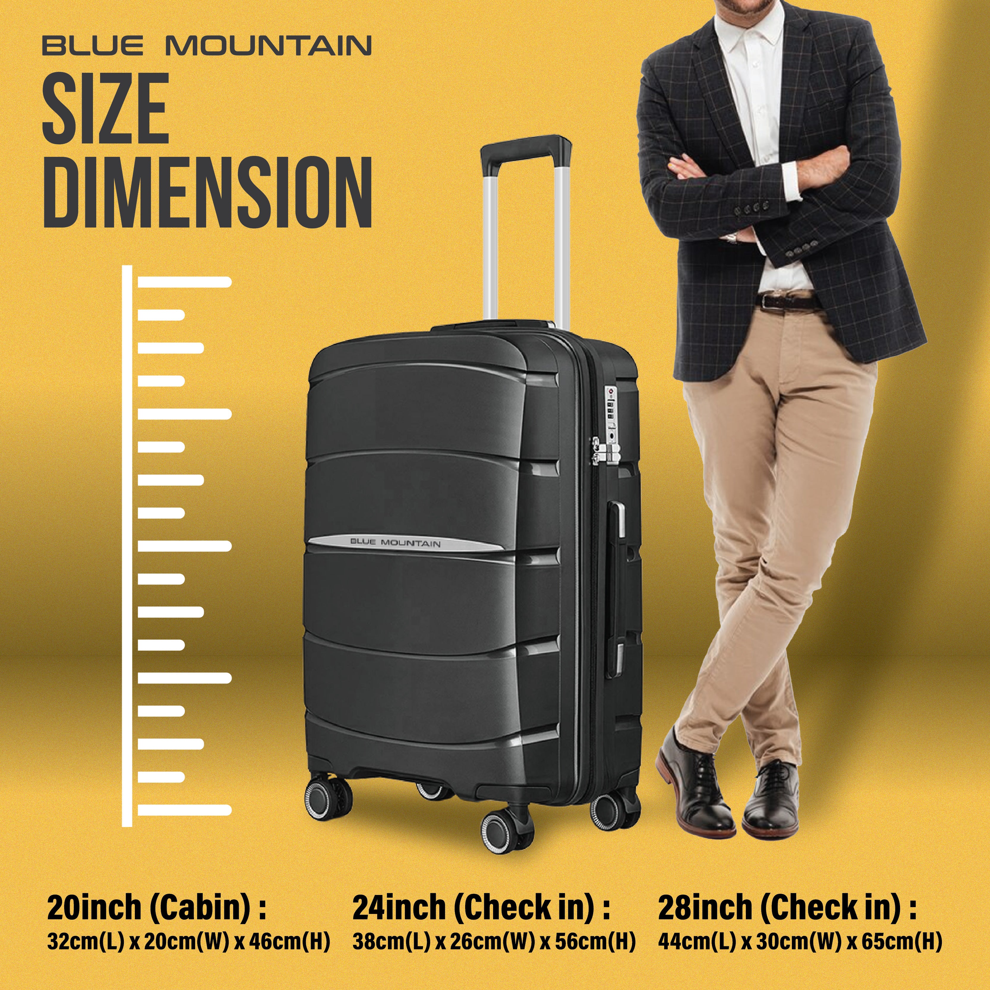 Blue Mountain 20"/24"/28" Hugoz UNBREAKABLE PP Expandable Hard Case Hand Trolley Luggage Bag Suitcases with Lock