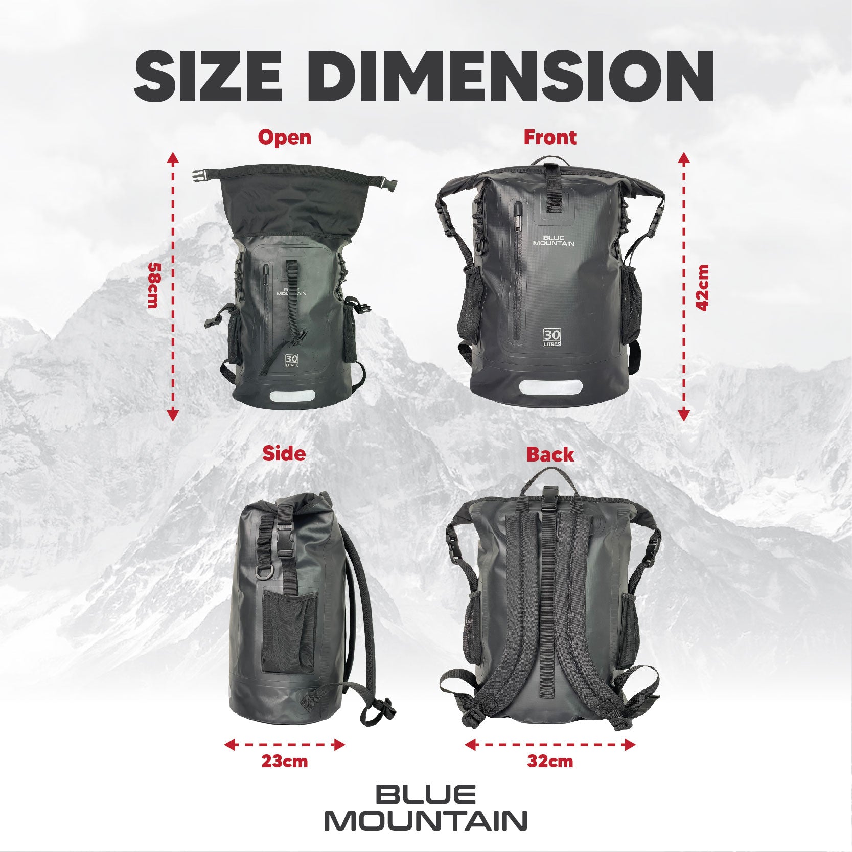 Blue Mountain AquaBlitz 30L Tarpaulin Backpack Dry Bag Outdoor Sports Splashproof Travel Laptop Bag Adjustable