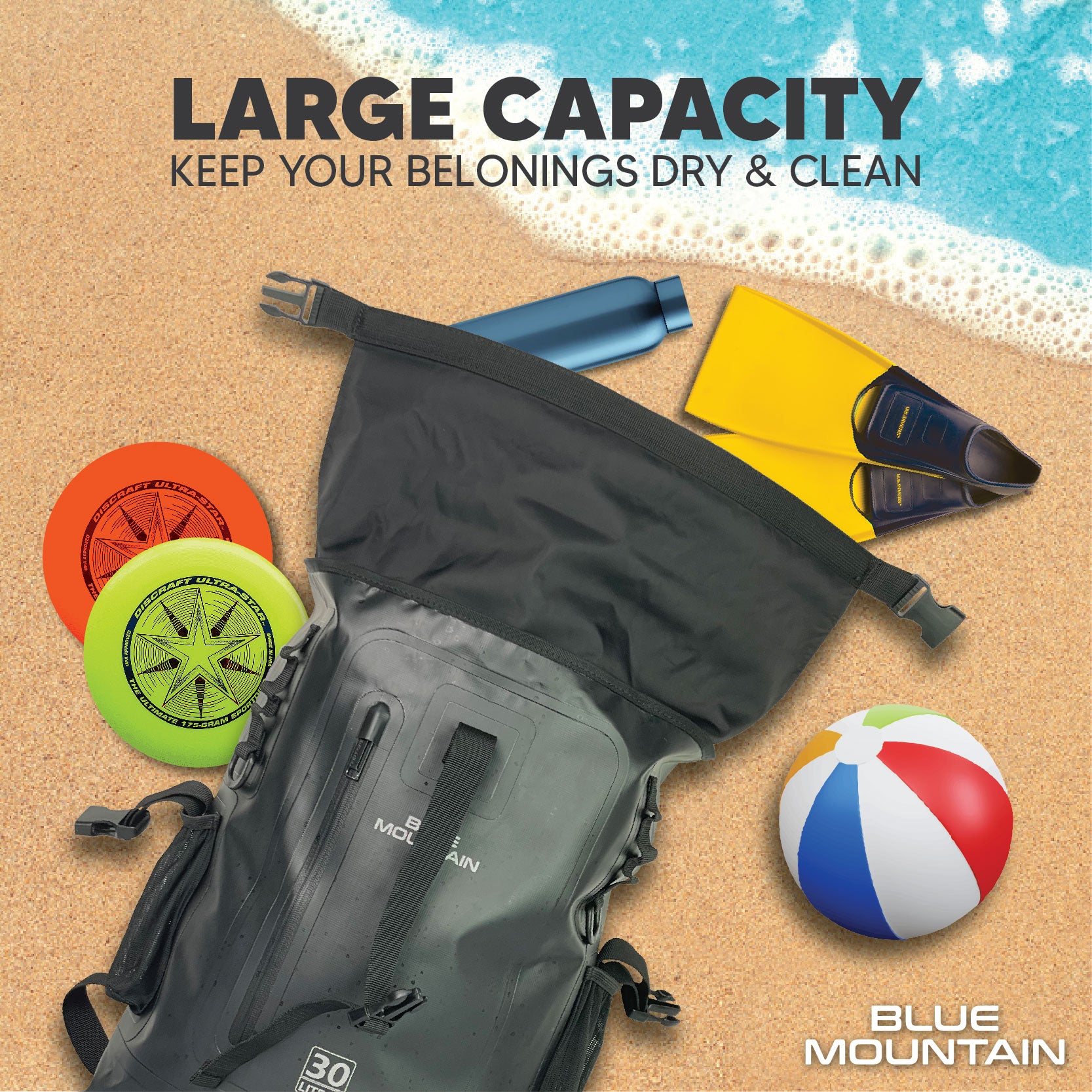 Blue Mountain AquaBlitz 30L Tarpaulin Backpack Dry Bag Outdoor Sports Splashproof Travel Laptop Bag Adjustable