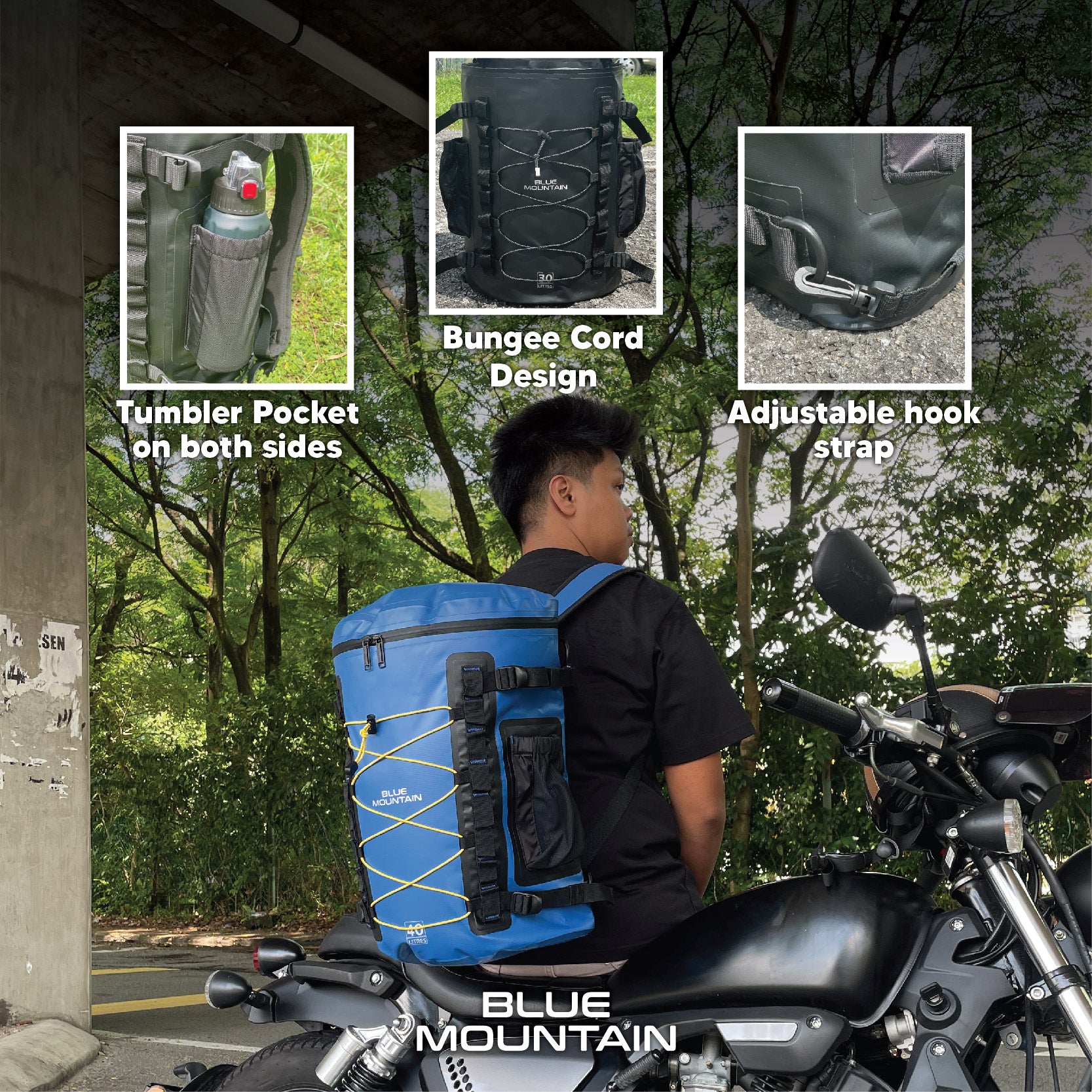 Blue Mountain RainReign 40L Tarpaulin Backpack Dry Bag Outdoor Sports Splashproof Travel Laptop Bag Adjustable