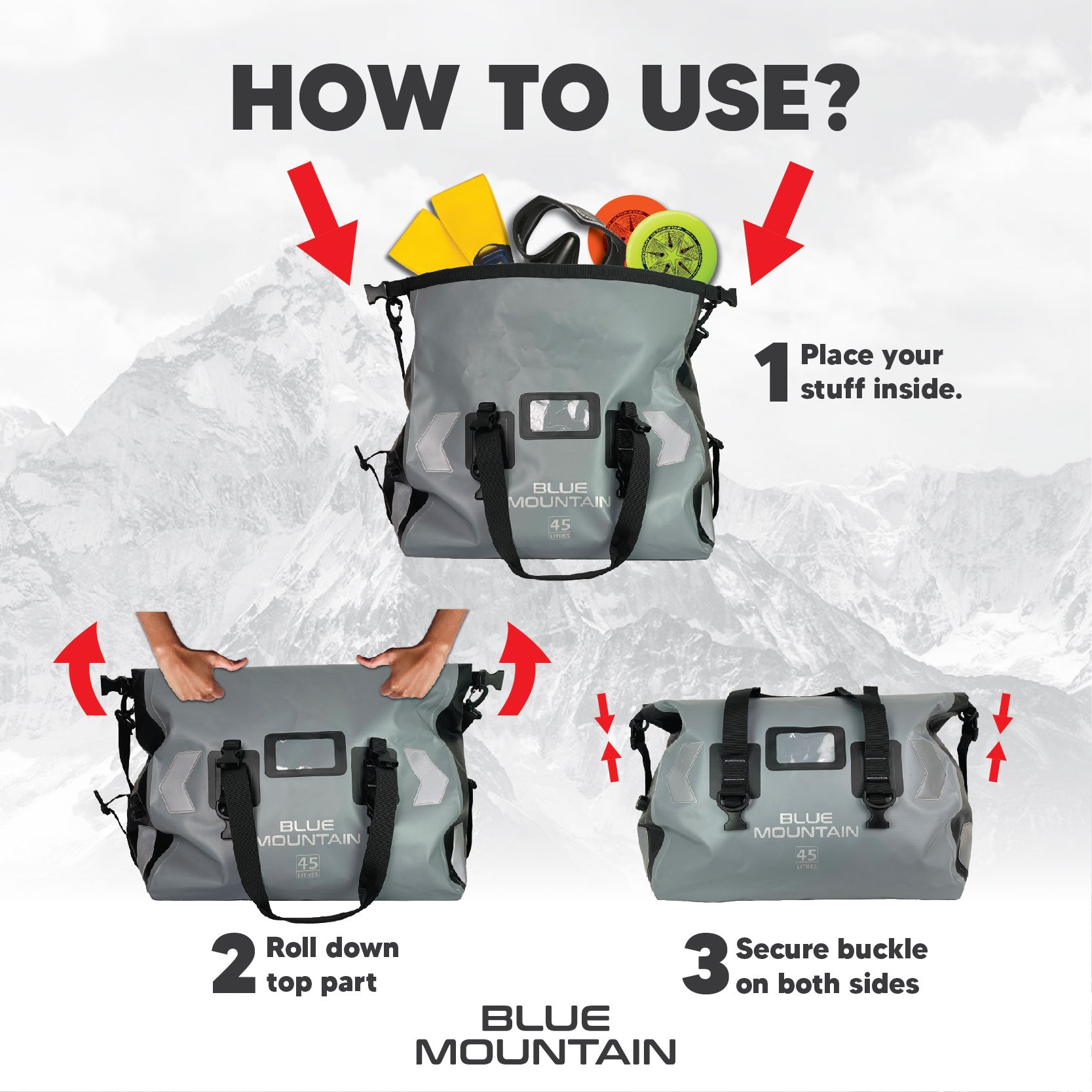 Blue Mountain DeepDive 45L Duffel Dry Bag Offshore Splashproof Travel Backpack Adjustable Shoulder Strap