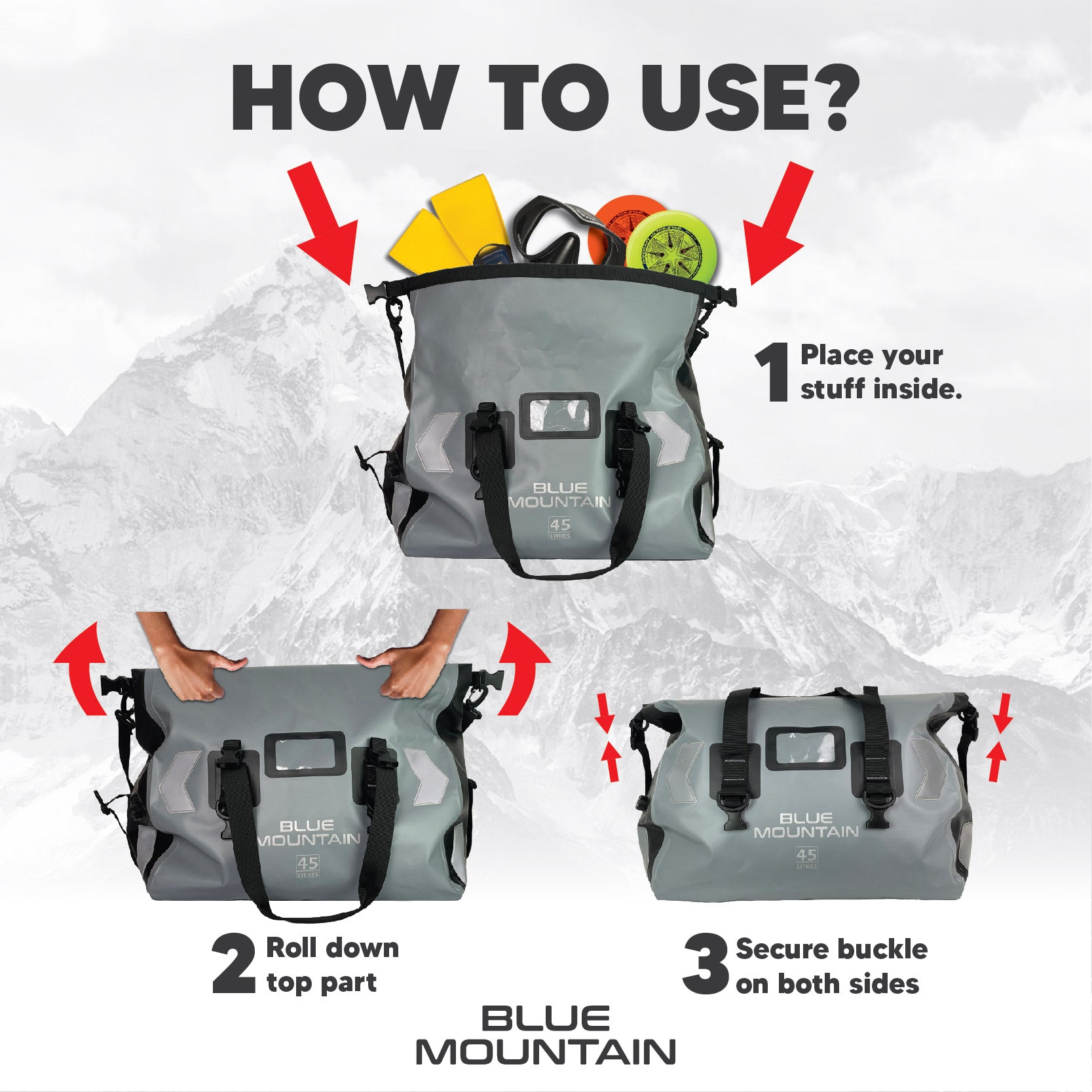 Blue Mountain DeepDive 45L Duffel Dry Bag Offshore Splashproof Travel Backpack Adjustable Shoulder Strap