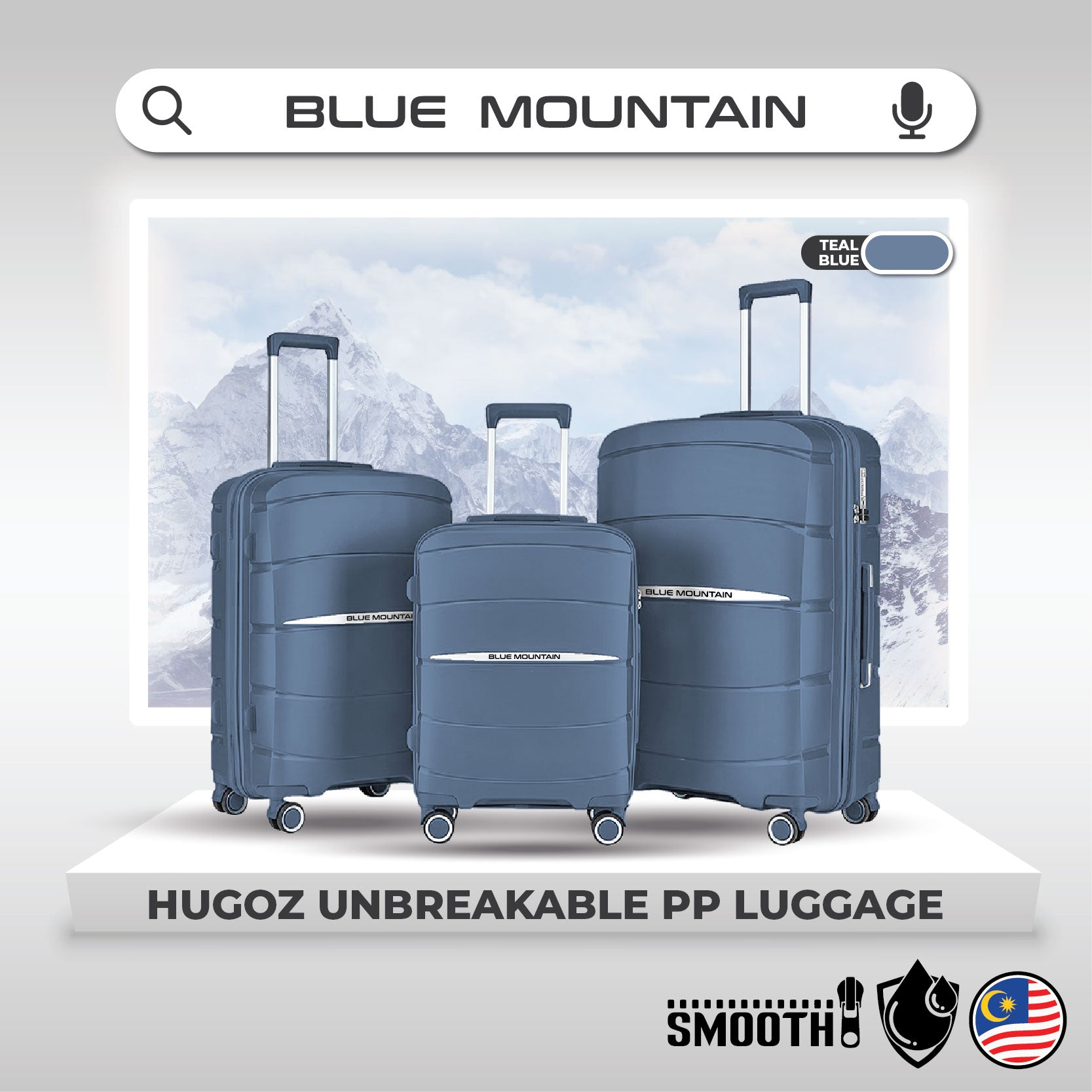 Blue Mountain 20"/24"/28" Hugoz UNBREAKABLE PP Expandable Hard Case Hand Trolley Luggage Bag Suitcases with Lock