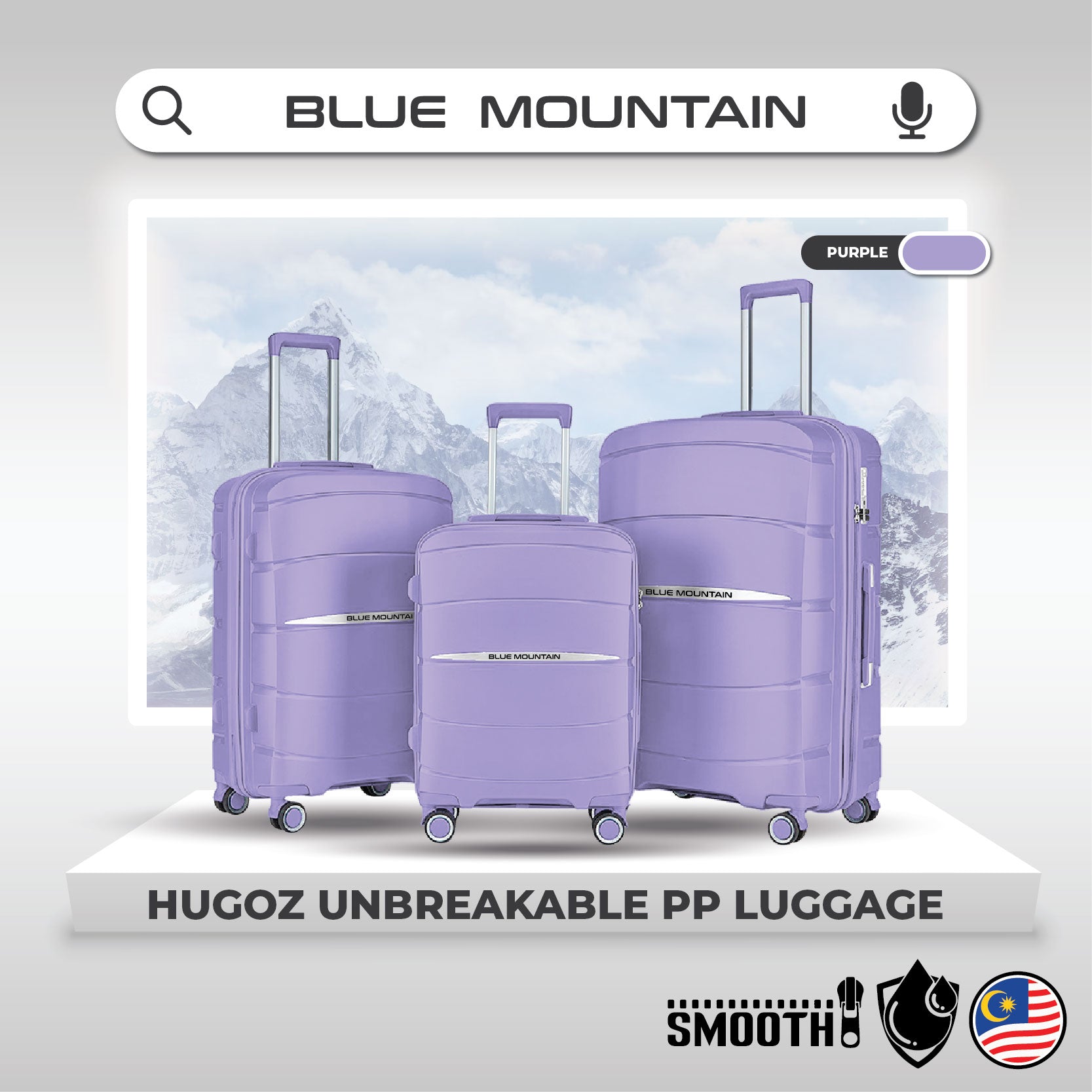 Blue Mountain 20"/24"/28" Hugoz UNBREAKABLE PP Expandable Hard Case Hand Trolley Luggage Bag Suitcases with Lock