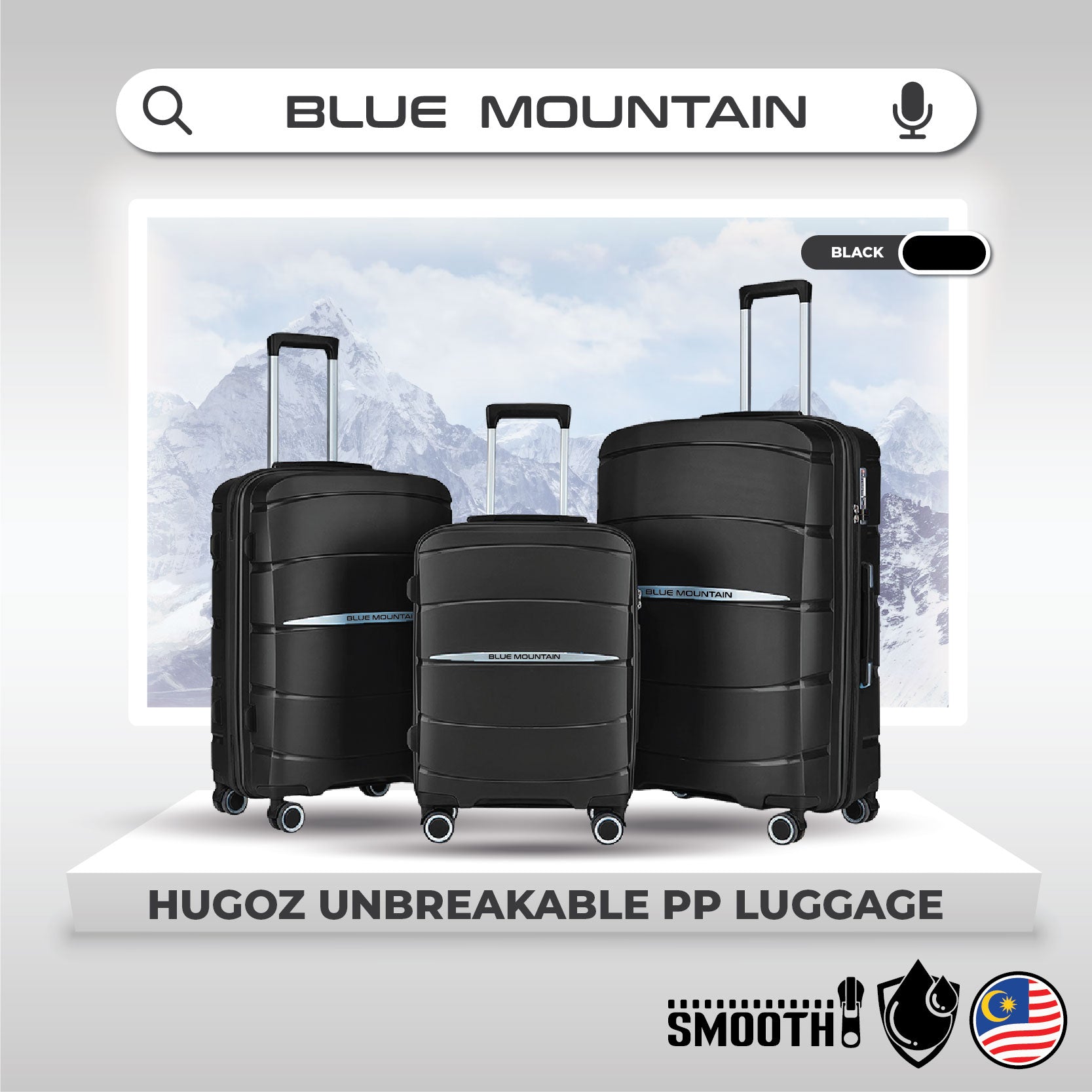 Blue Mountain 20"/24"/28" Hugoz UNBREAKABLE PP Expandable Hard Case Hand Trolley Luggage Bag Suitcases with Lock