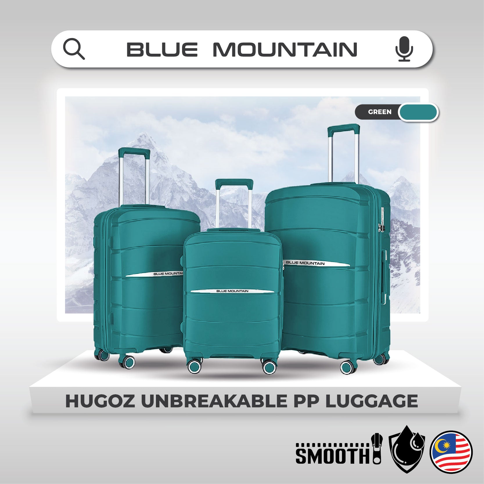 Blue Mountain 20"/24"/28" Hugoz UNBREAKABLE PP Expandable Hard Case Hand Trolley Luggage Bag Suitcases with Lock